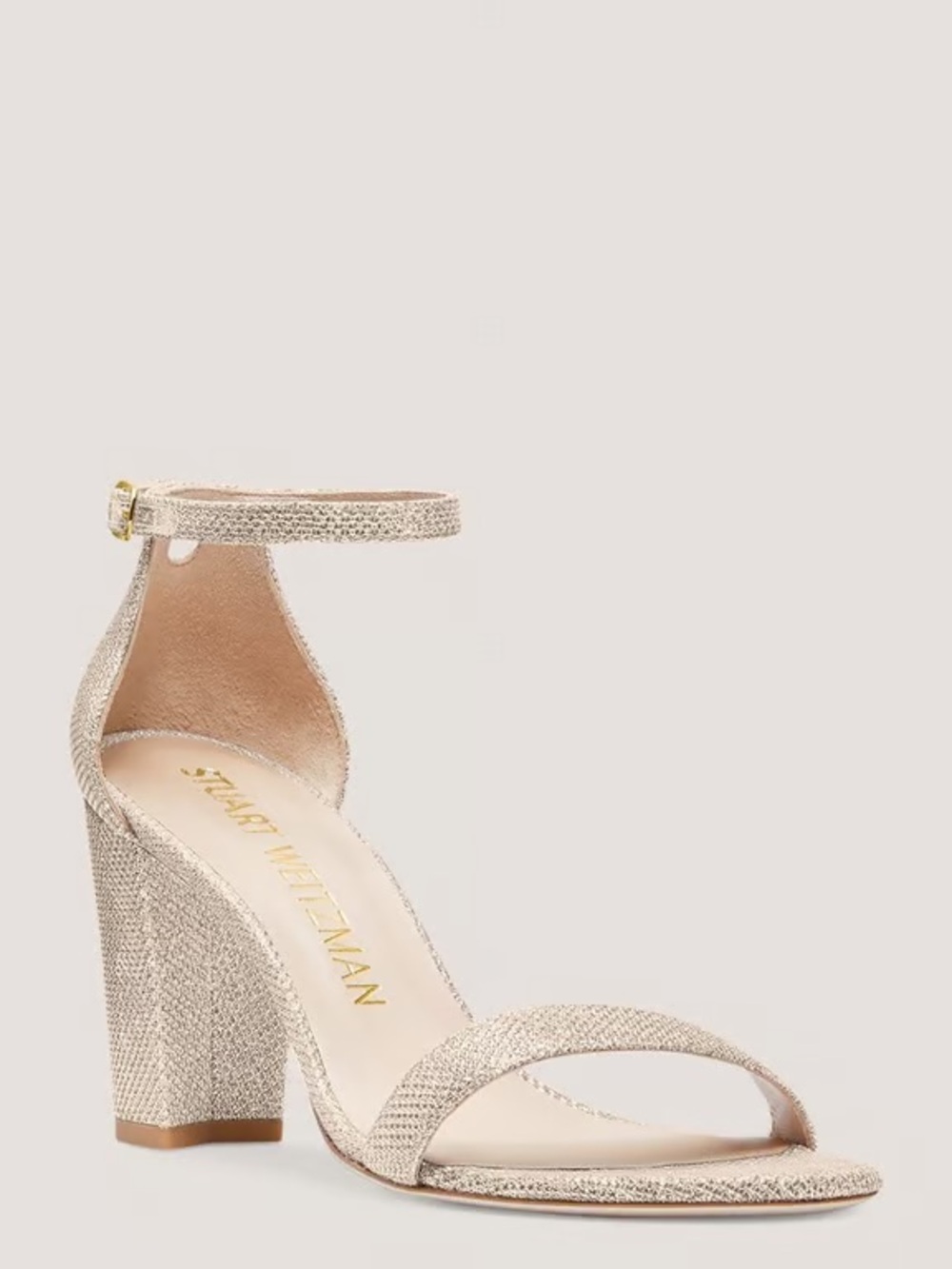 Stuart Weitzman Metallic Nearlynude Ankle-Strap Block Heel Sandal